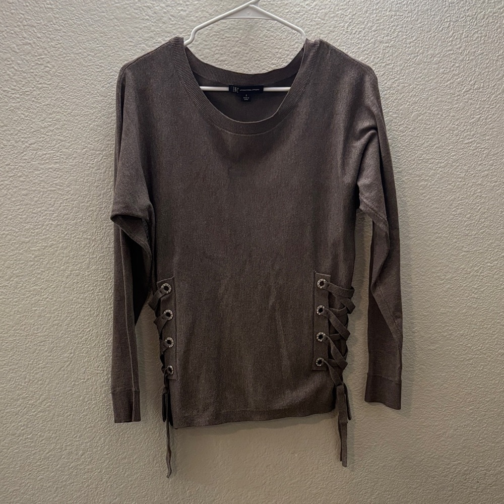 INC International Concepts Taupe Lace-Up Long Sleeve Top